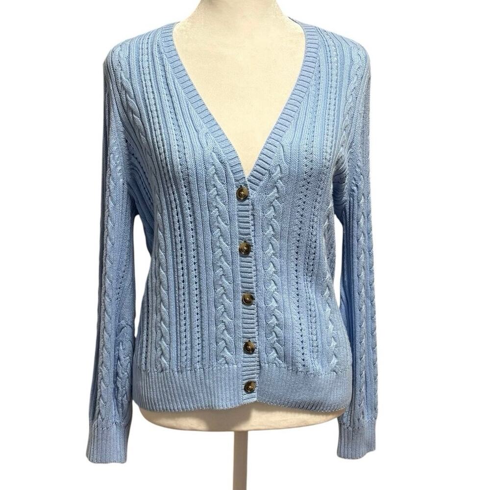 Talbots Size LP PL Large Petite Cardigan Sweater Cable Knit Cotton Blue